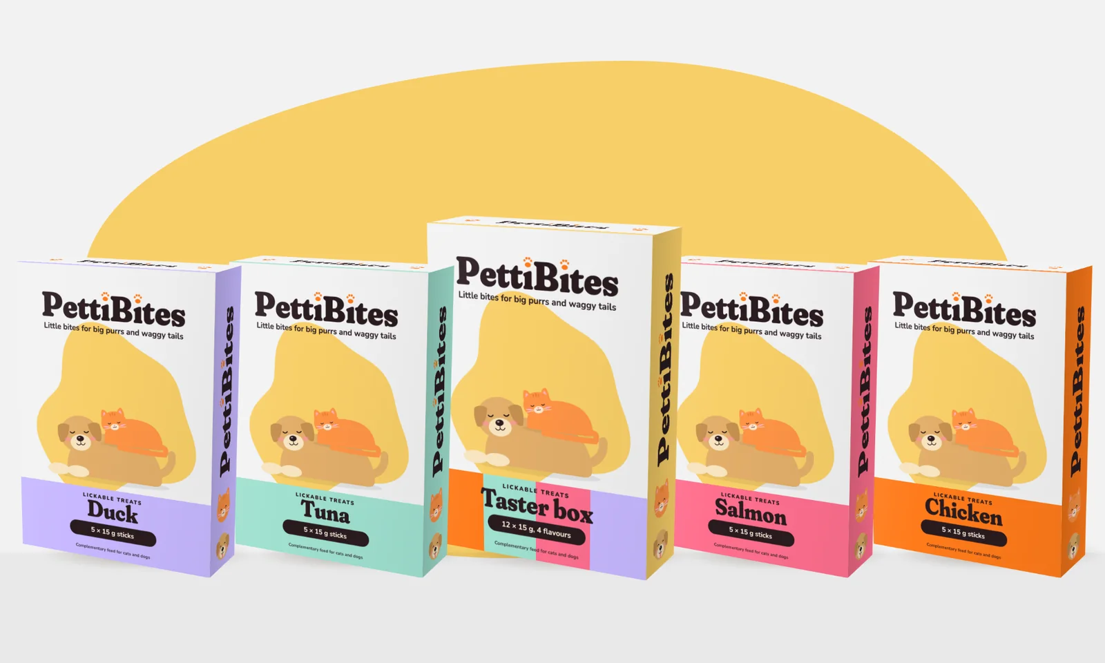 The PettiBites range: Duck, Tuna, Taster box, Salmon and Chicken cartons